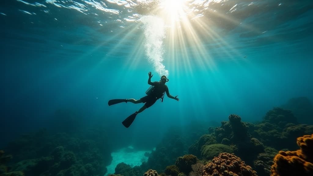 Sun rays breaking through crystal-clear turquoise water