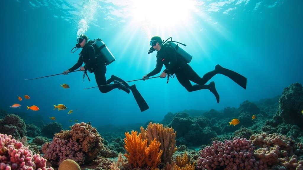 Two scuba divers exploring a vibrant coral reef in crystal-clear turquoise water