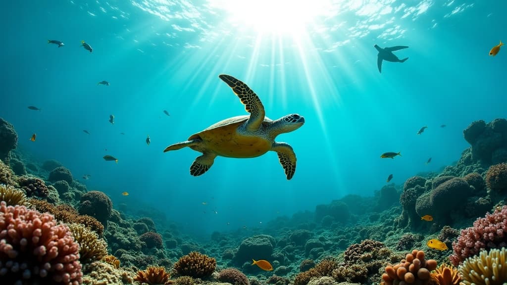 A green sea turtle gliding over a vibrant coral reef